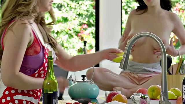 Brunette maid in kitchen gets kinky with tattooed girl and gets face-sitting