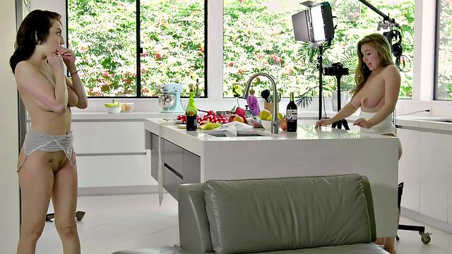 Brunette maid in kitchen gets kinky with tattooed girl and gets face-sitting