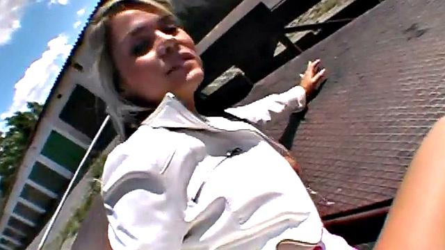 Watch this bald pussy-loving amateur get her wet pussy drilled in public outdoors