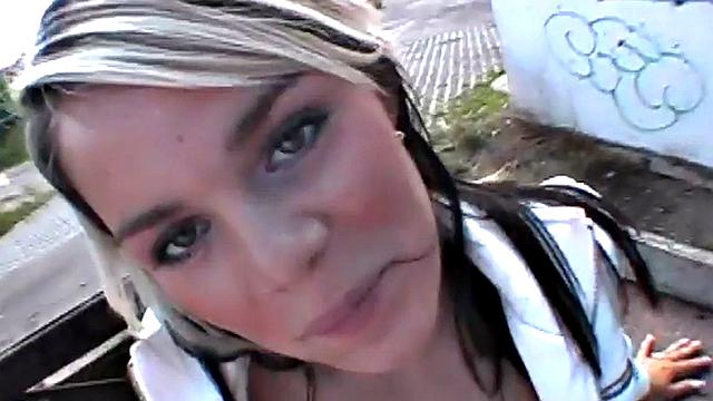 Watch this bald pussy-loving amateur get her wet pussy drilled in public outdoors