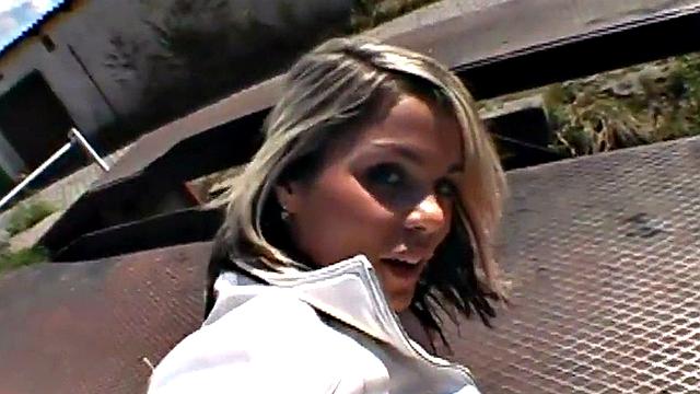 Watch this bald pussy-loving amateur get her wet pussy drilled in public outdoors