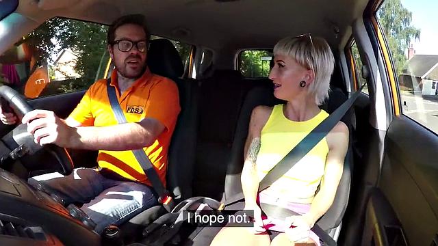 Blonde German student rides her driving instructor's hard cock in public