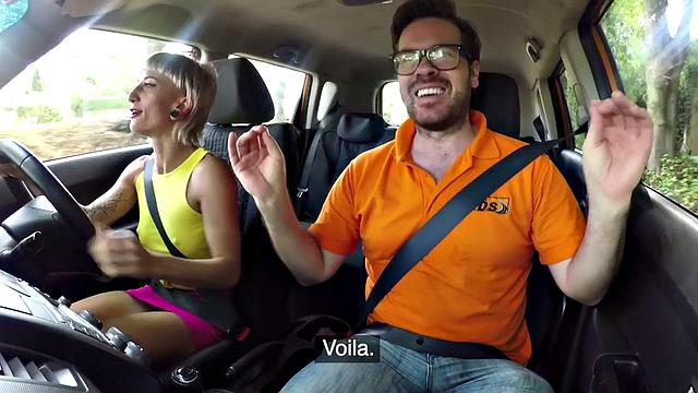 Blonde German student rides her driving instructor's hard cock in public