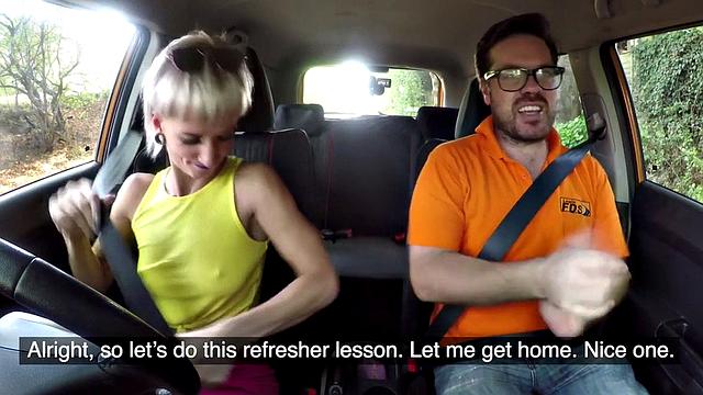 Blonde German student rides her driving instructor's hard cock in public
