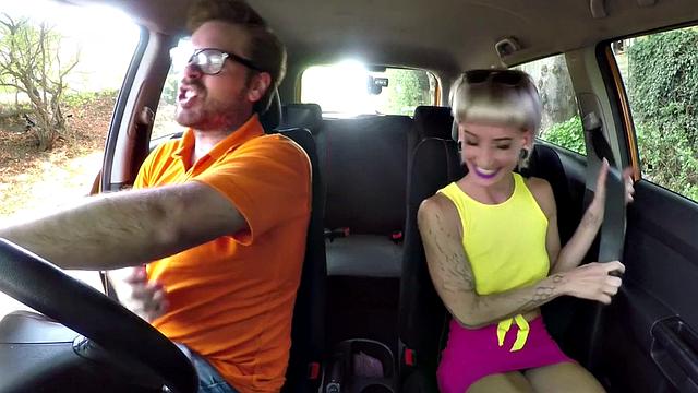 Blonde German student rides her driving instructor's hard cock in public
