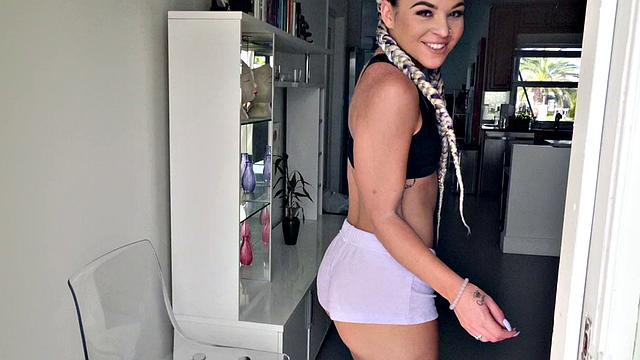 A pierced babe get pounded in reverse cowgirl & cum on her tits