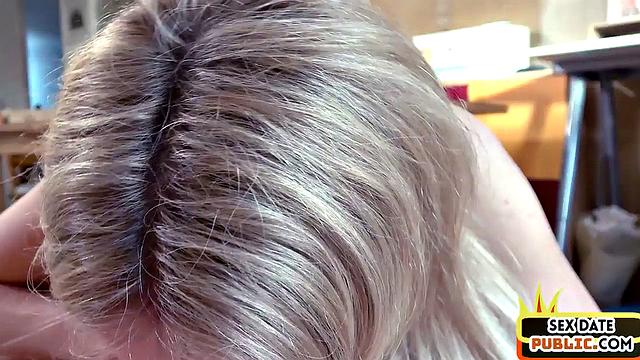 Blonde babe with small tits blows and rides at sex date