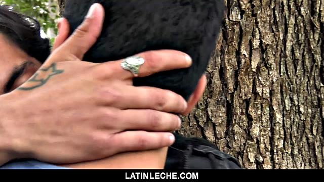 Uncut latino tops a handsome stud outdoors and finishes with a hot load on his back
