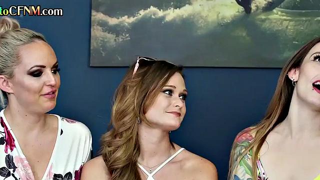 CFNM British babes suck on Black cock in IR group session