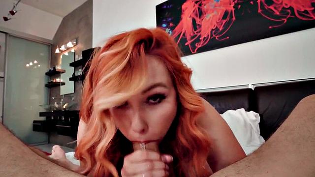 Curvy MILF with pierced tits deepthroating in POV