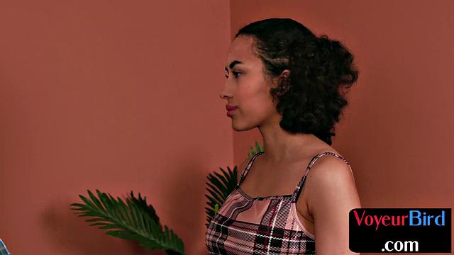 Cute babe in stockings watching jerking