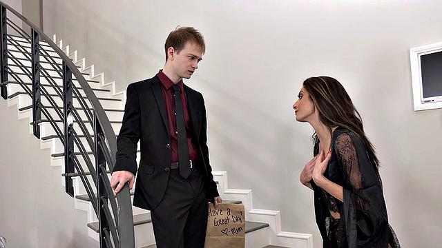 Busty Milf Brunette Fucks her Stepson to Help Him Deal With No Pussy
