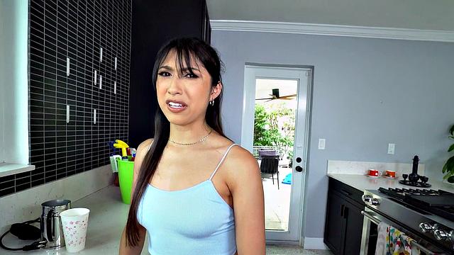 Hot Brunette Maid Ears and Gives a Handjob to a Guy Before Getting Pounded in the Kitchen