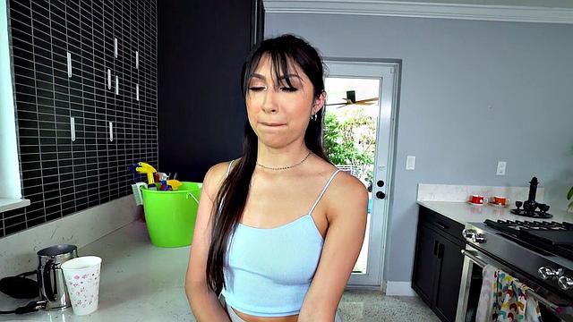 Hot Brunette Maid Ears and Gives a Handjob to a Guy Before Getting Pounded in the Kitchen