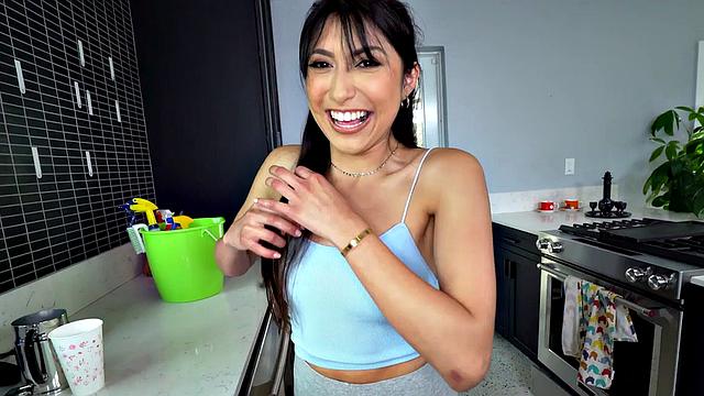 Hot Brunette Maid Ears and Gives a Handjob to a Guy Before Getting Pounded in the Kitchen