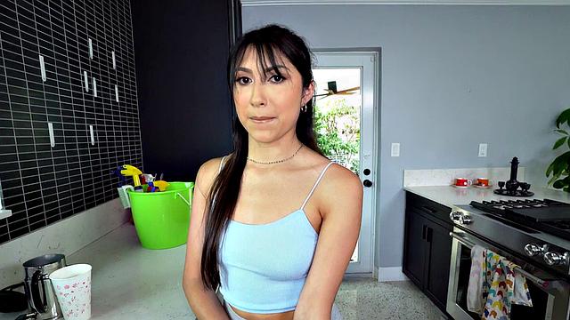 Hot Brunette Maid Ears and Gives a Handjob to a Guy Before Getting Pounded in the Kitchen