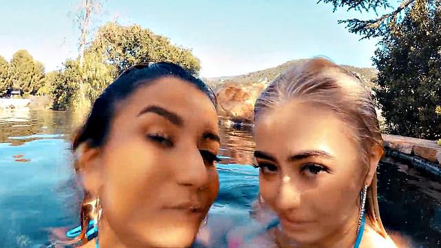 Blonde tribbing her GF in the pool