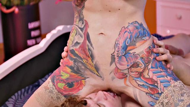 Watch as mature babe in stockings submits to humiliation and gets her pussy licked and fucked in a tattooed dress