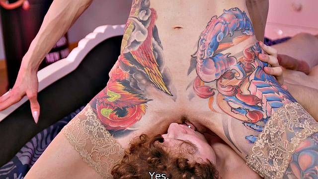 Watch as mature babe in stockings submits to humiliation and gets her pussy licked and fucked in a tattooed dress