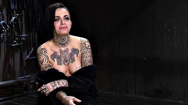 BDSM inked sub suffers clothespinned with Hitachi