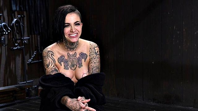 BDSM inked sub suffers clothespinned with Hitachi