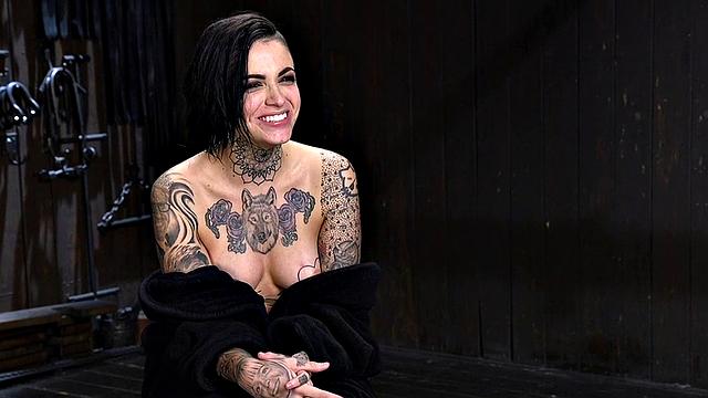 BDSM inked sub suffers clothespinned with Hitachi