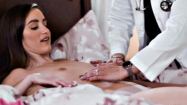 Lesbian nurses helping petite babe's muff by licking in 3some