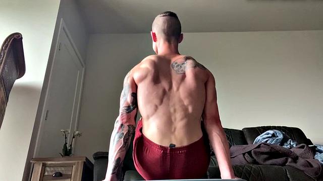 Ripped jock jerks in solo before dildoing ass