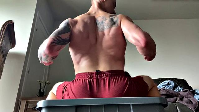 Ripped jock jerks in solo before dildoing ass
