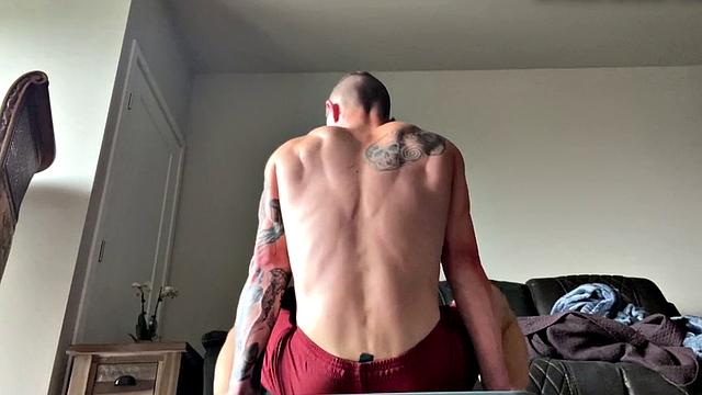 Ripped jock jerks in solo before dildoing ass