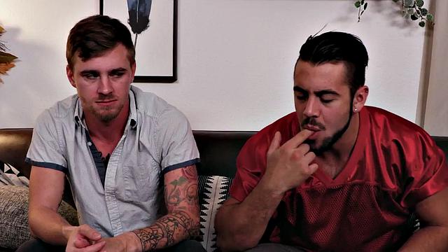 Inked bottom banged by athletic stepbro until spraying