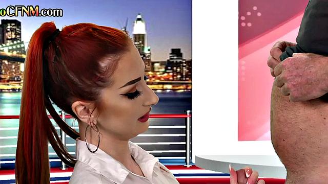 CFNM tv reporter pleases guest cock