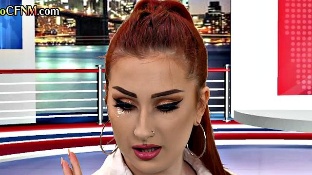 CFNM tv reporter pleases guest cock