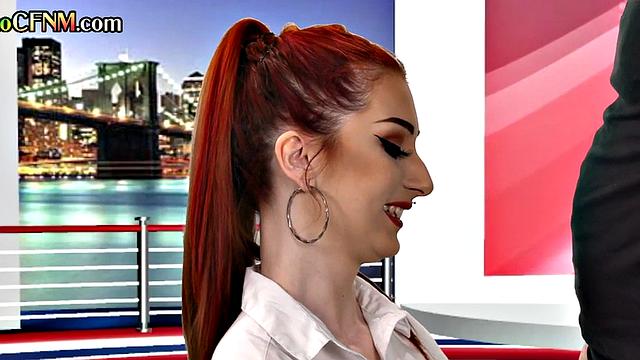 CFNM tv reporter pleases guest cock