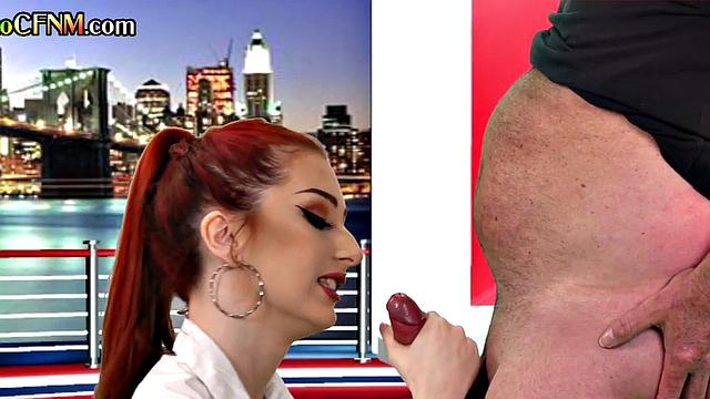 CFNM tv reporter pleases guest cock