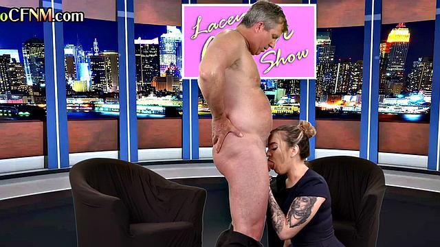 CFNM tv reporter pleases guest cock