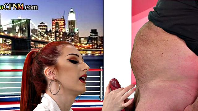 CFNM tv reporter pleases guest cock