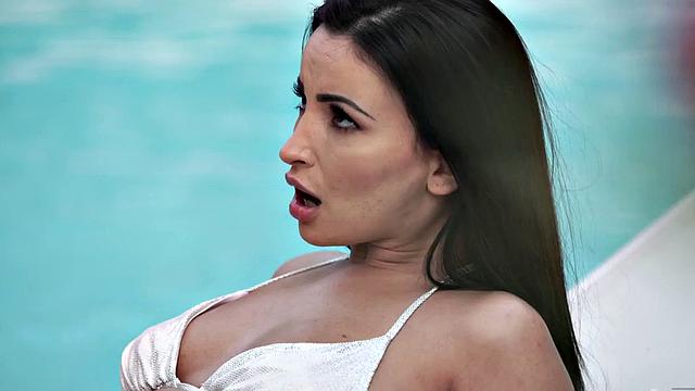 Foot fetish babe gives footjob outdoors by pool before fucked