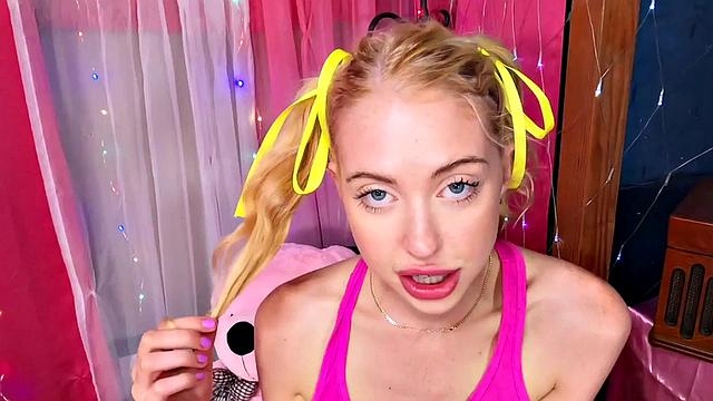 Blue-eyed blonde stepteen blowing dick during POV sex