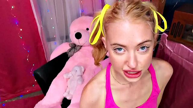 Blue-eyed blonde stepteen blowing dick during POV sex