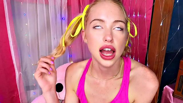 Blue-eyed blonde stepteen blowing dick during POV sex