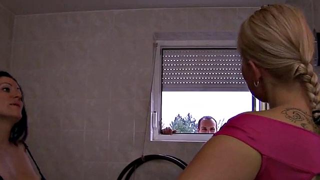 Busty femdom babes toy guy in the bathroom 3some