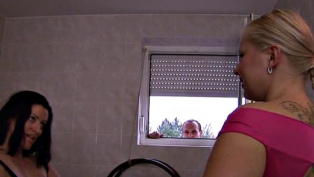 Busty femdom babes toy guy in the bathroom 3some