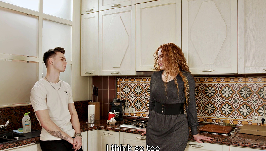 SHAME4K. Big-tittied MILF with long red hair pussy-fucked in the kitchen