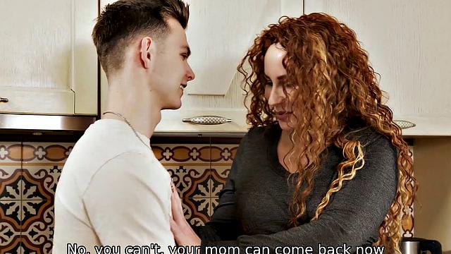 SHAME4K. Big-tittied MILF with long red hair pussy-fucked in the kitchen