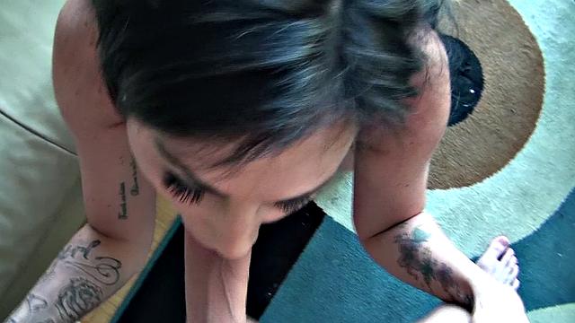 Brunette with tattoos gets her bald pussy pounded in POV lingerie and bra