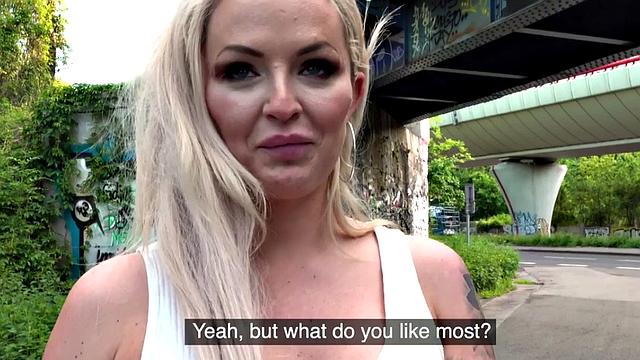 Horny blonde picked up and pounded outdoors with panties on