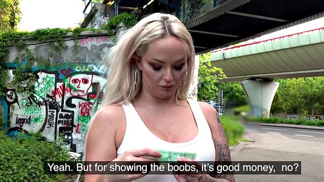 Horny blonde picked up and pounded outdoors with panties on