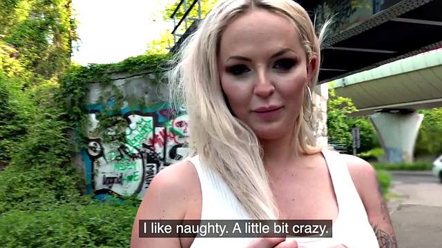 Horny blonde picked up and pounded outdoors with panties on