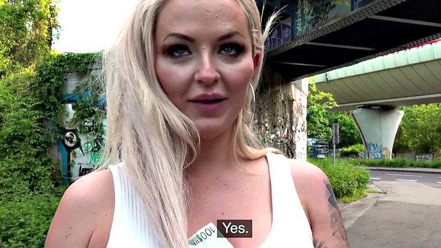 Horny blonde picked up and pounded outdoors with panties on